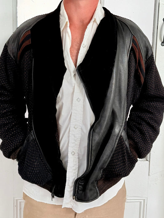Vintage Saxony Knit, Shearling and Leather Coat
