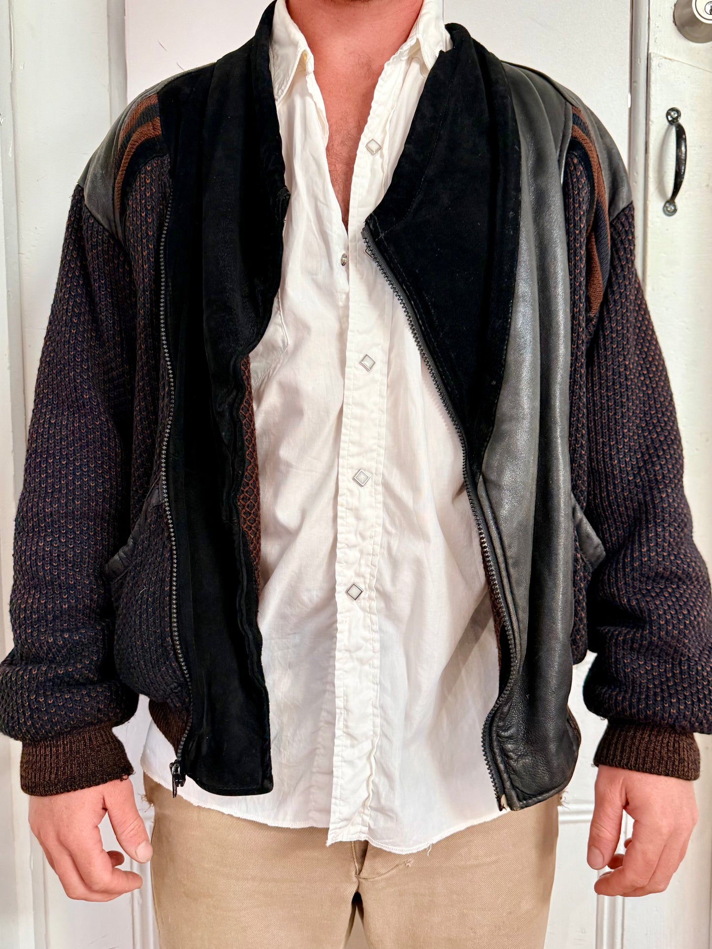 Vintage Saxony Knit, Shearling and Leather Coat