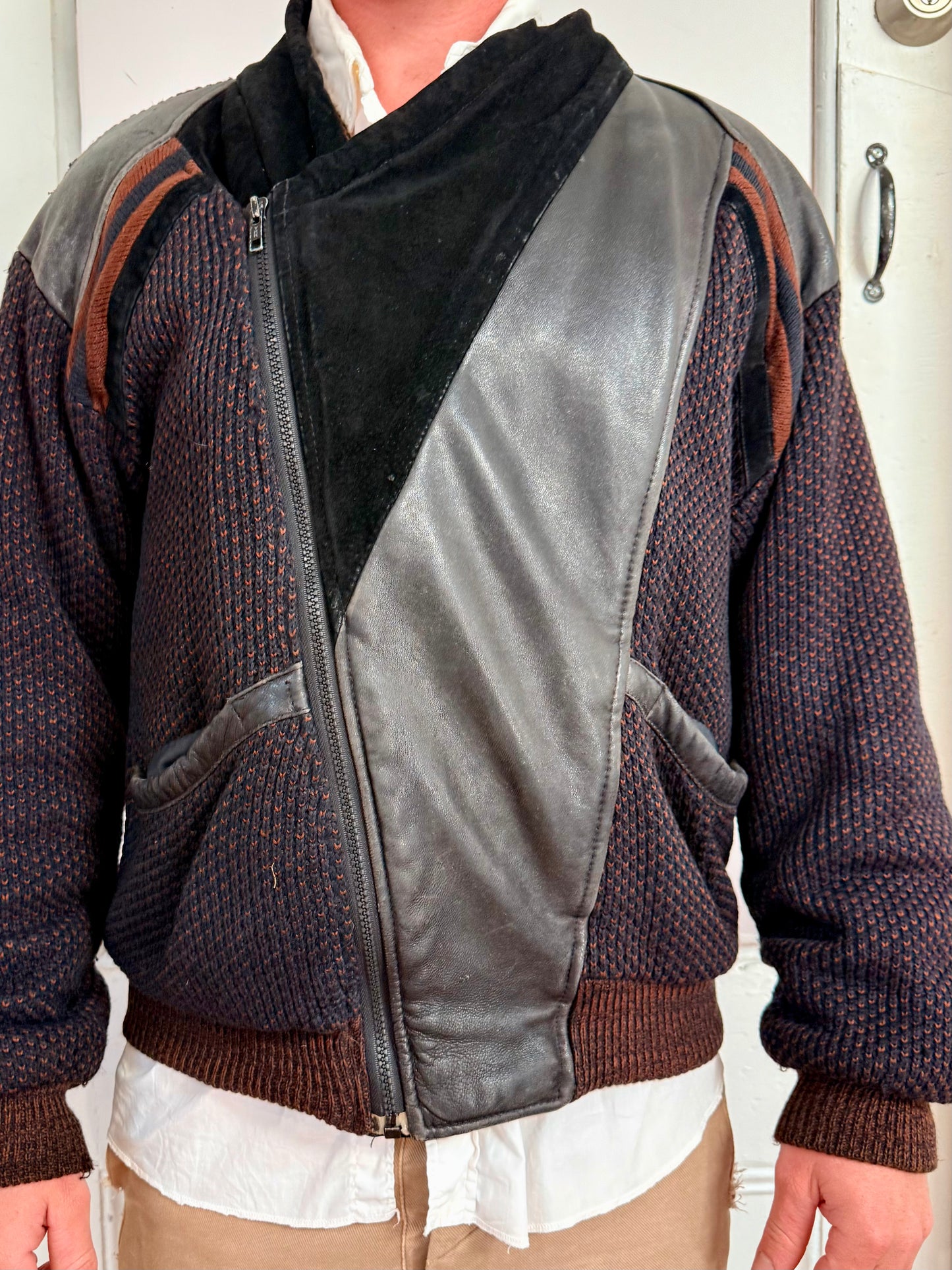 Vintage Saxony Knit, Shearling and Leather Coat