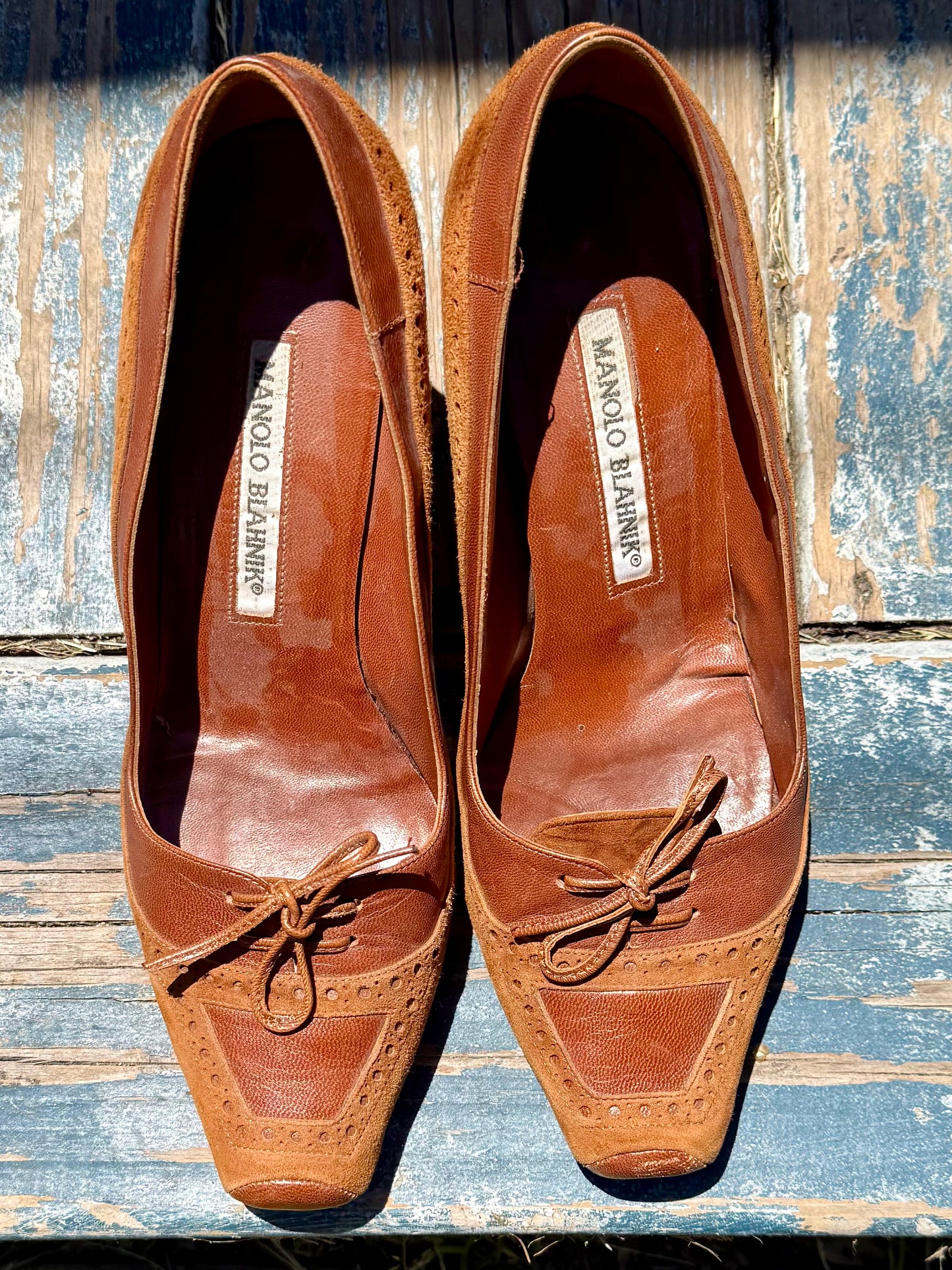 Vintage Manolo Blahnik Brown Leather and Suede Laced Heels