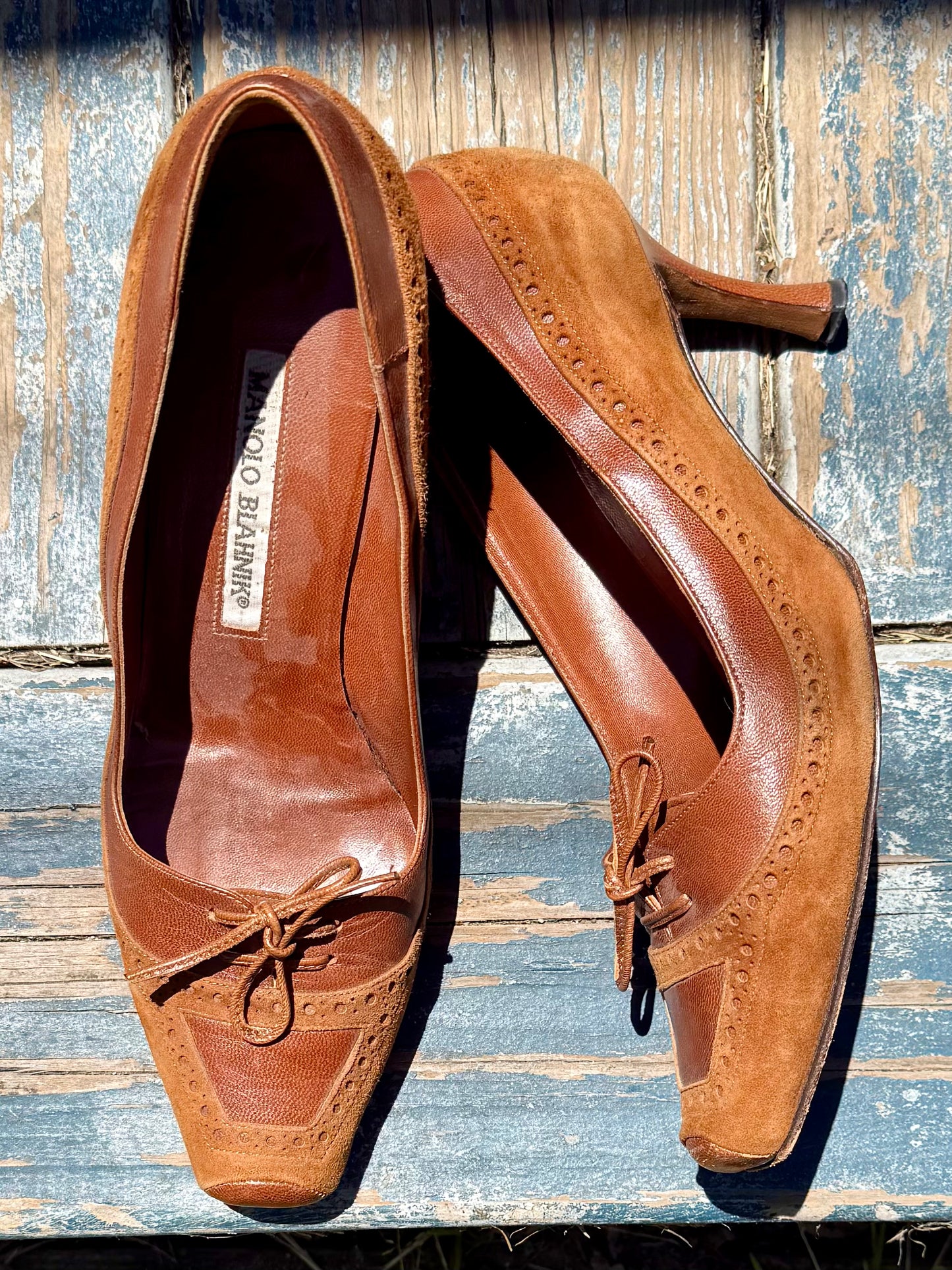 Vintage Manolo Blahnik Brown Leather and Suede Laced Heels