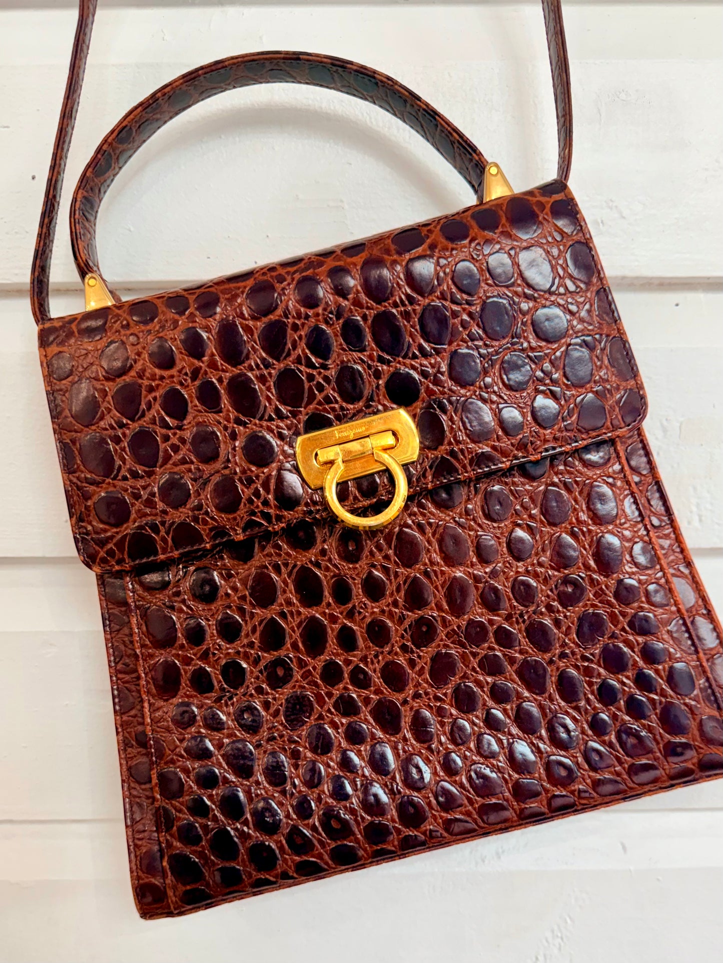 Vintage Salvatore Ferragamo Crocodile Gancini 2-Way Top Handle Brown Bag