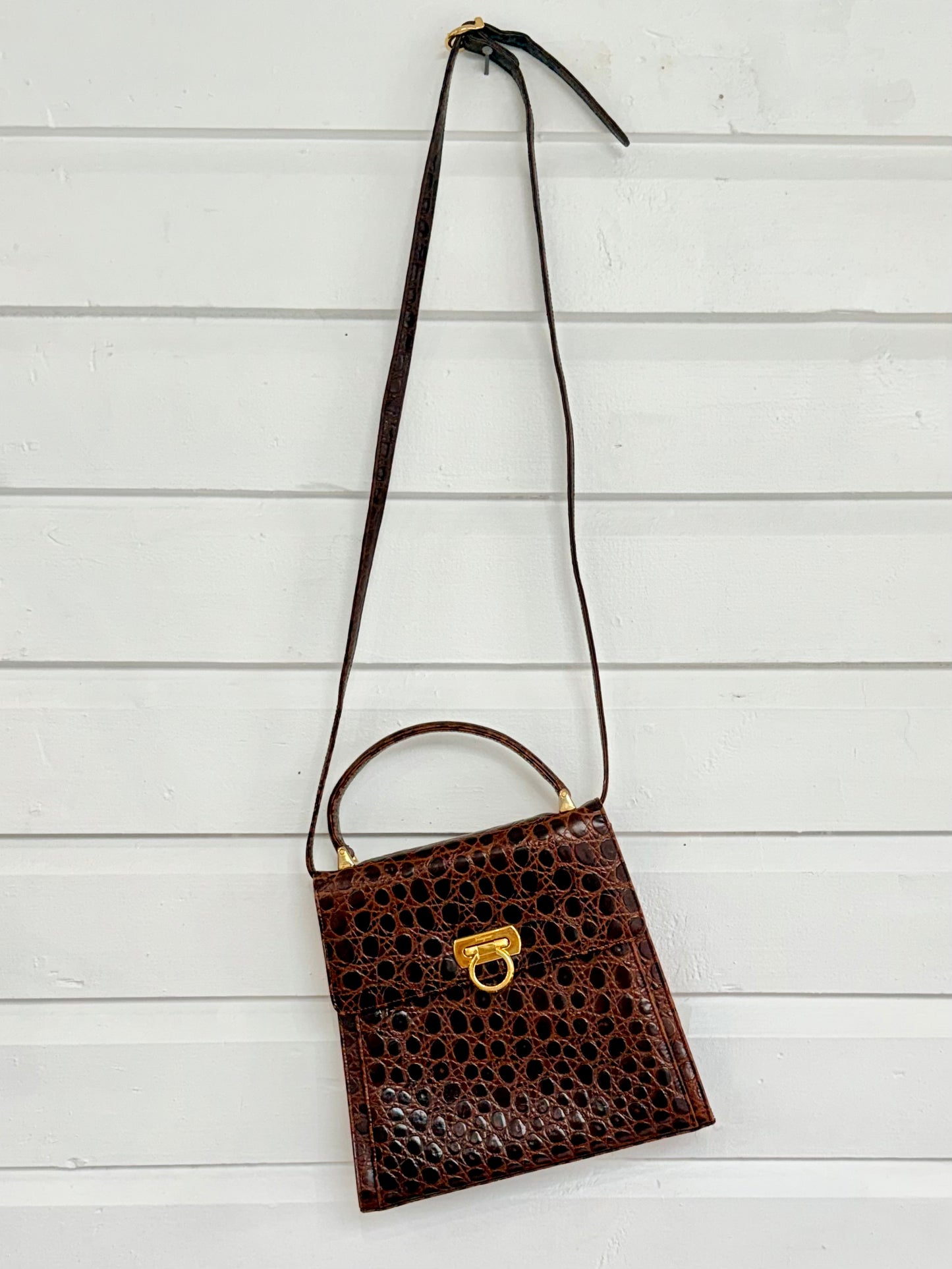 Vintage Salvatore Ferragamo Crocodile Gancini 2-Way Top Handle Brown Bag