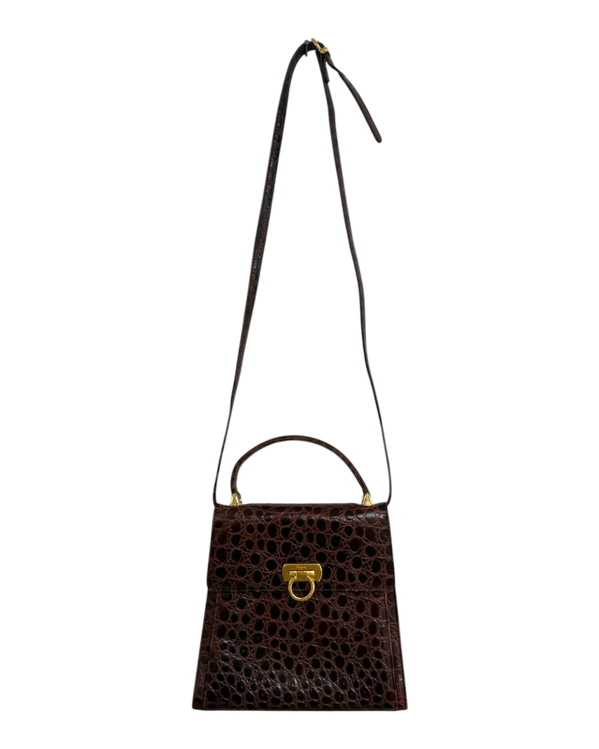 Vintage Salvatore Ferragamo Crocodile Gancini 2-Way Top Handle Brown Bag