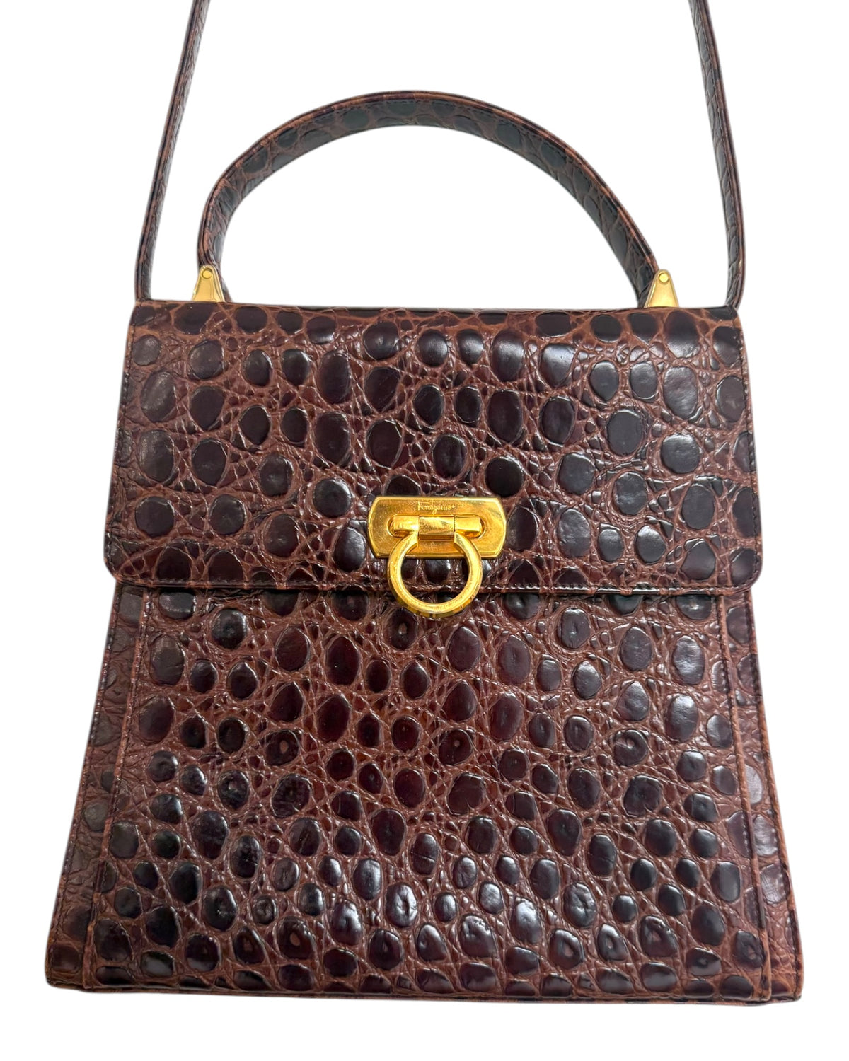 Vintage Salvatore Ferragamo Crocodile Gancini 2-Way Top Handle Brown Bag