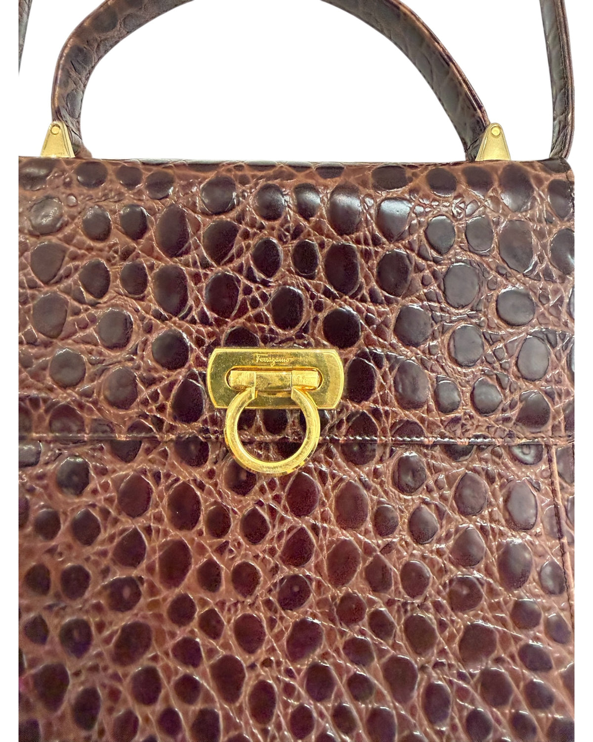Vintage Salvatore Ferragamo Crocodile Gancini 2-Way Top Handle Brown Bag