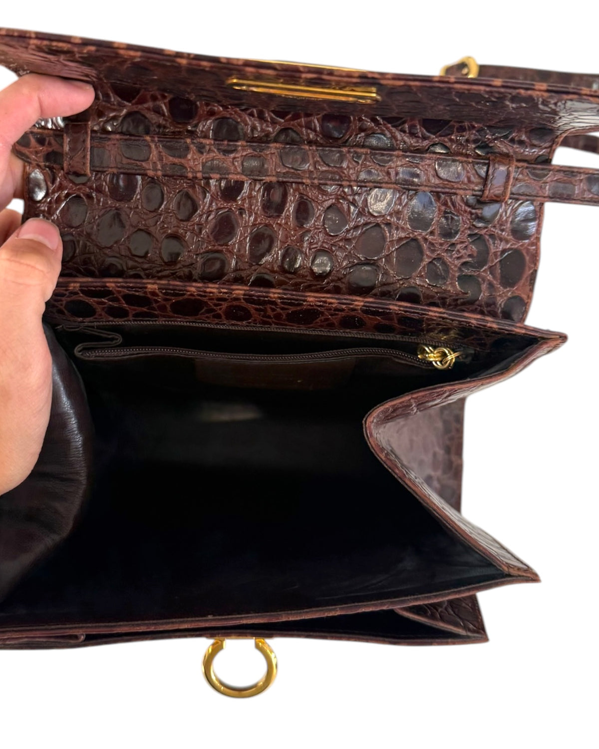 Vintage Salvatore Ferragamo Crocodile Gancini 2-Way Top Handle Brown Bag