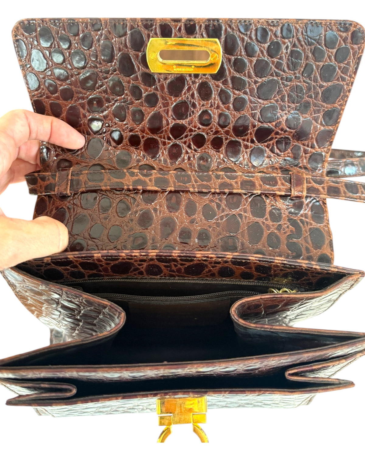 Vintage Salvatore Ferragamo Crocodile Gancini 2-Way Top Handle Brown Bag