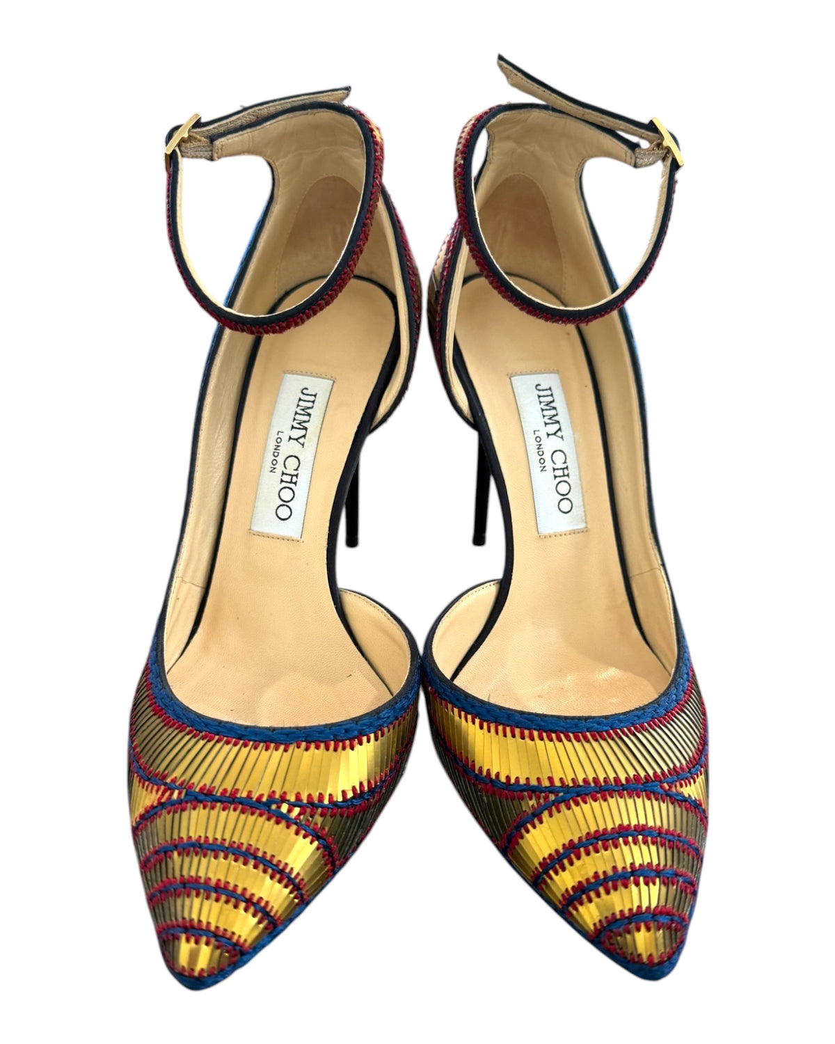 Pre-Loved Jimmy Choo Lucy 100 Gold and Navy Heels