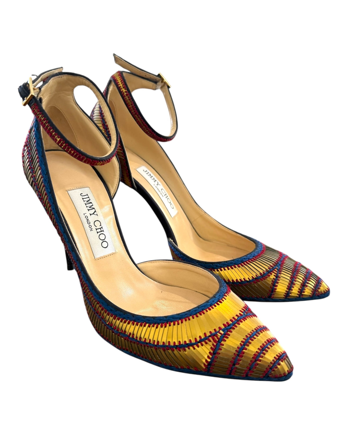 Pre-Loved Jimmy Choo Lucy 100 Gold and Navy Heels