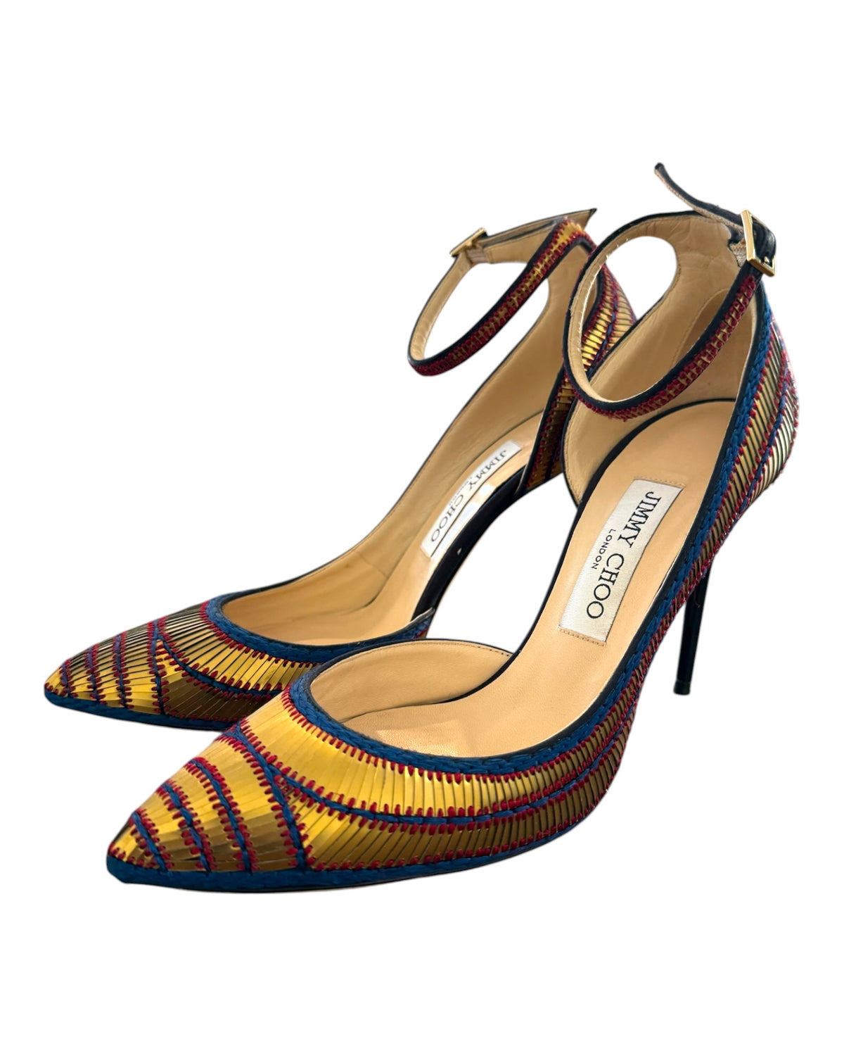 Pre-Loved Jimmy Choo Lucy 100 Gold and Navy Heels