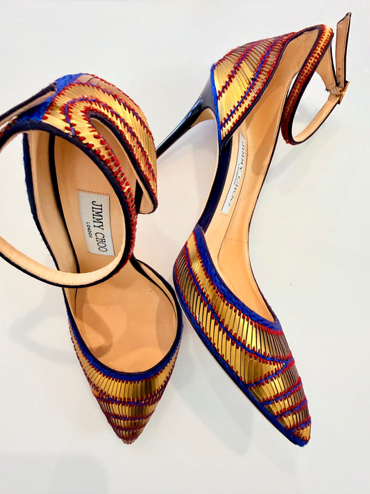 Pre-Loved Jimmy Choo Lucy 100 Gold and Navy Heels
