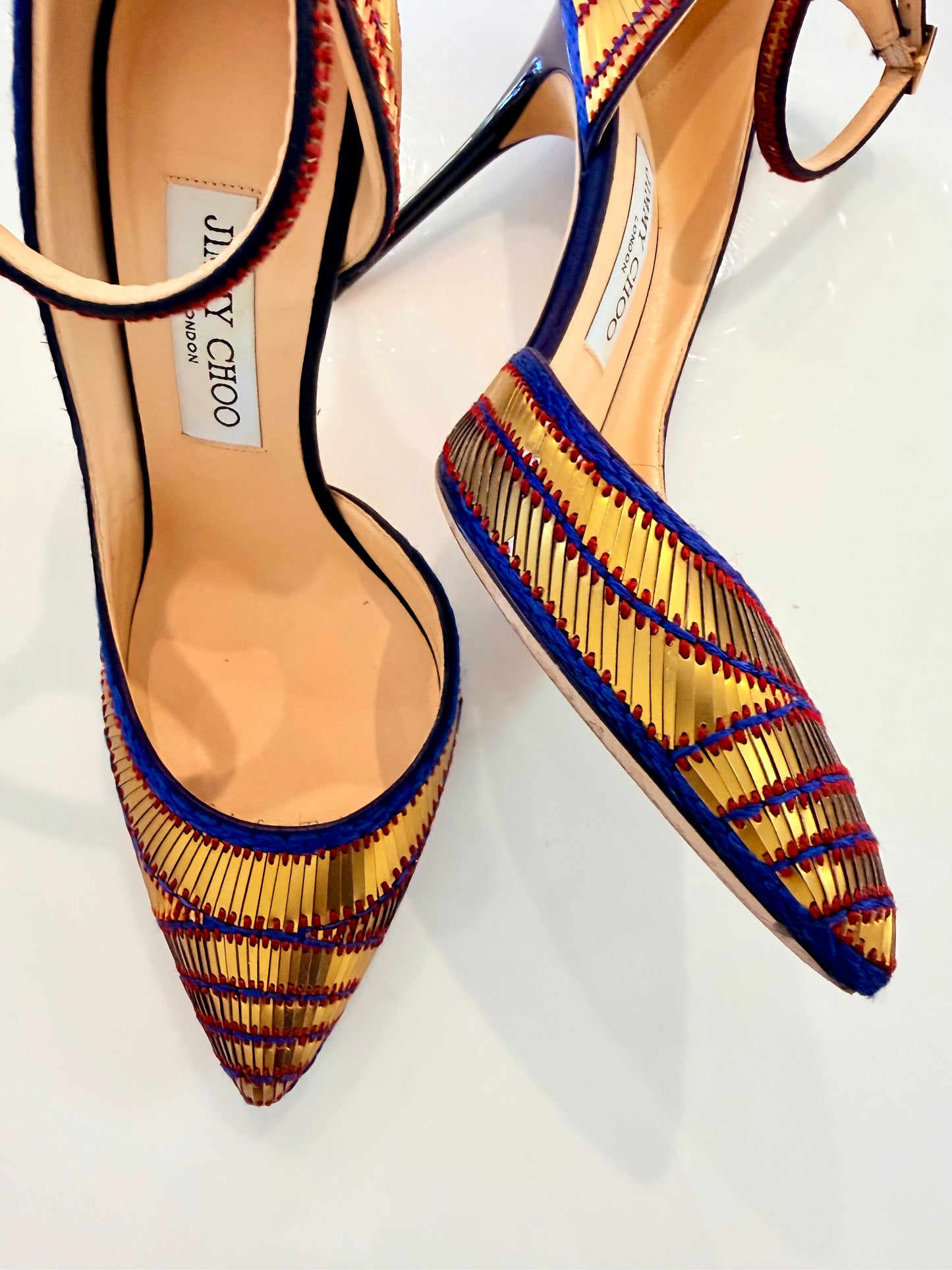 Pre-Loved Jimmy Choo Lucy 100 Gold and Navy Heels