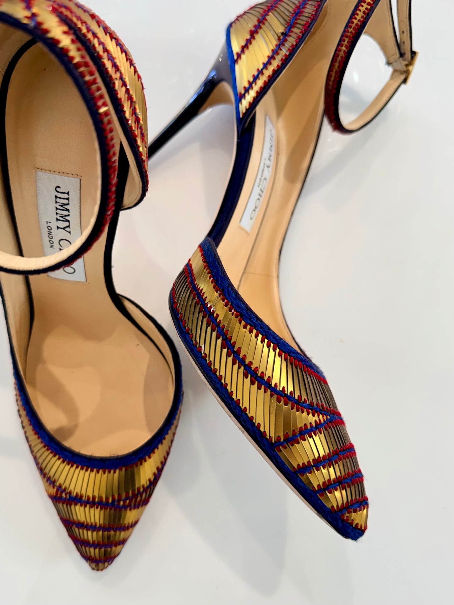 Pre-Loved Jimmy Choo Lucy 100 Gold and Navy Heels