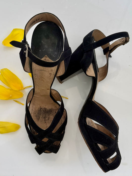 Vintage Black Suede Platform Heels