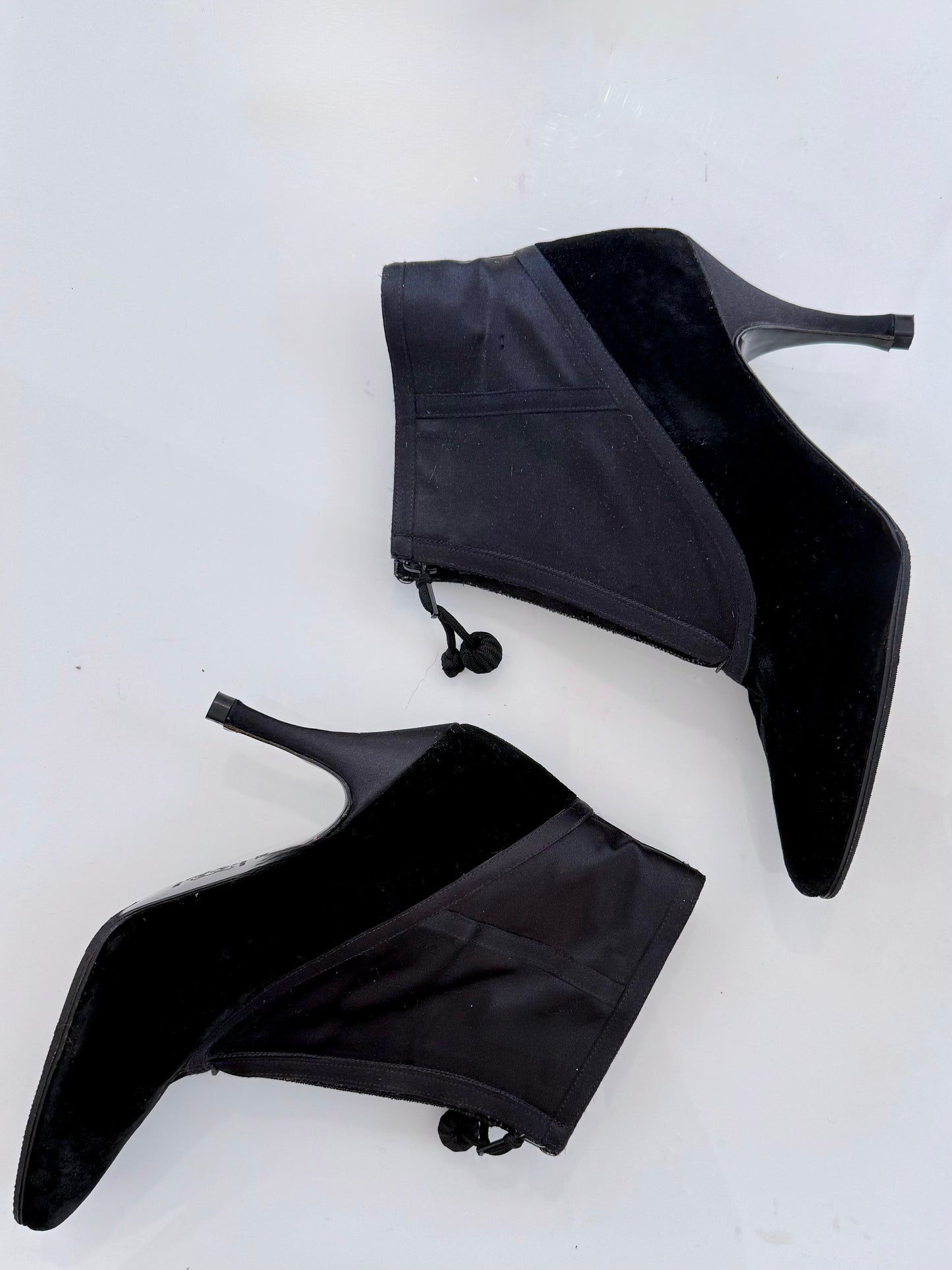 Vintage Bottega Veneta Black Velvet and Satin Zip-Up Stiletto Booties
