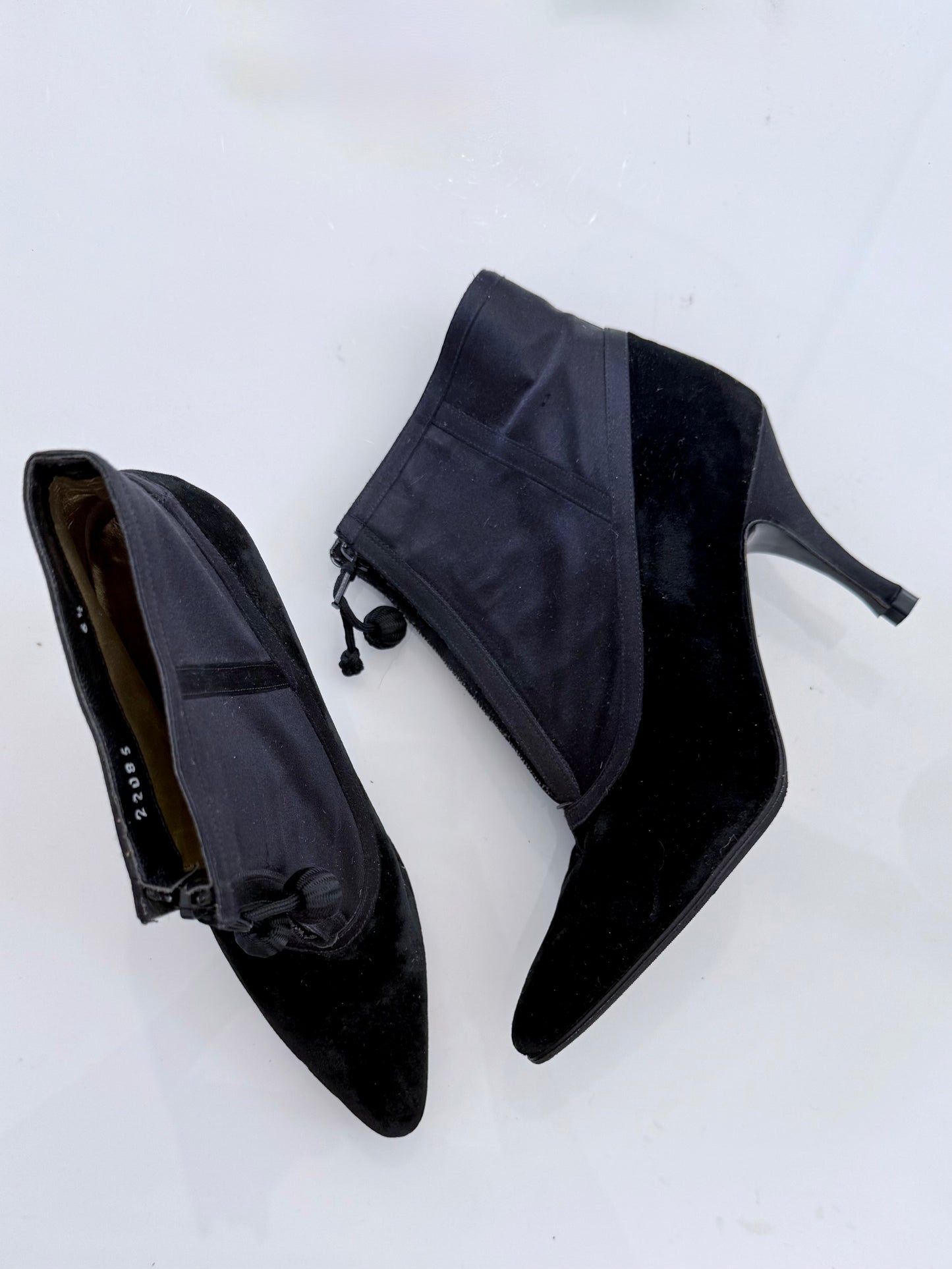 Vintage Bottega Veneta Black Velvet and Satin Zip-Up Stiletto Booties