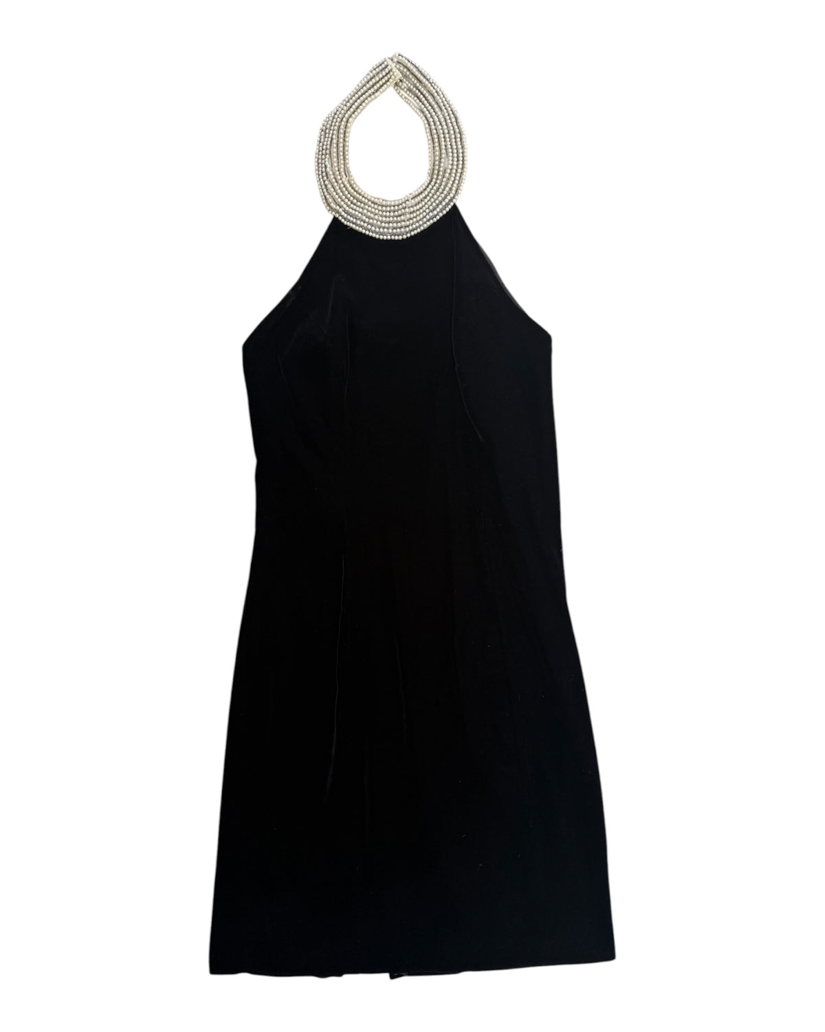 Vintage Black Velvet Mini Dress with Pearl Collar