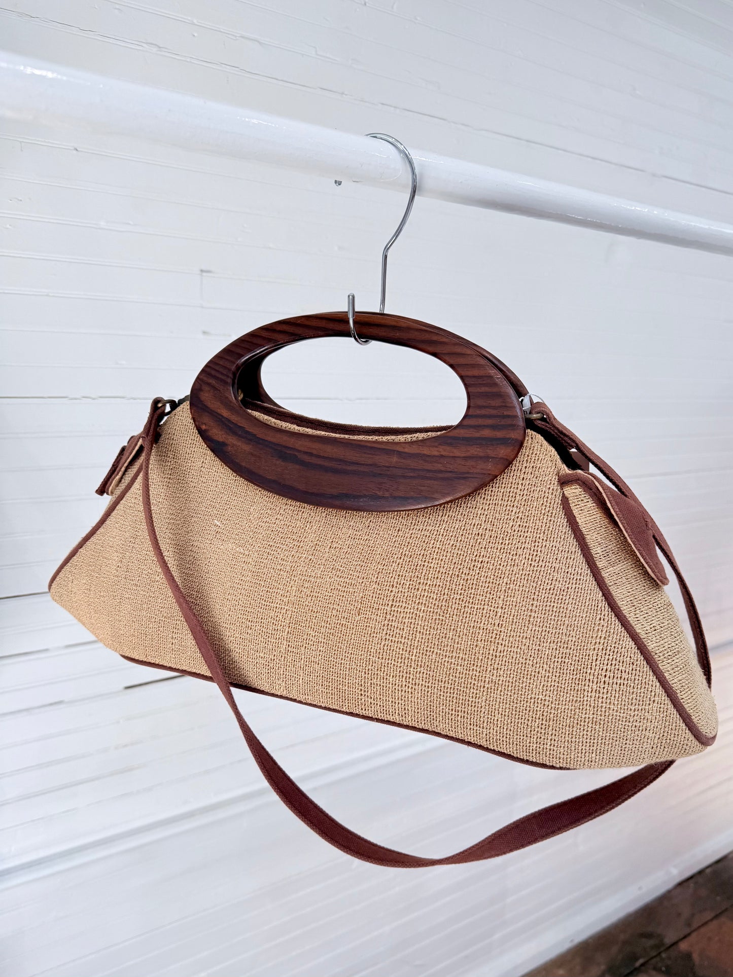 Vintage Hand-loomed Cotton Bag with Shoulder Strap and Wooden Handle