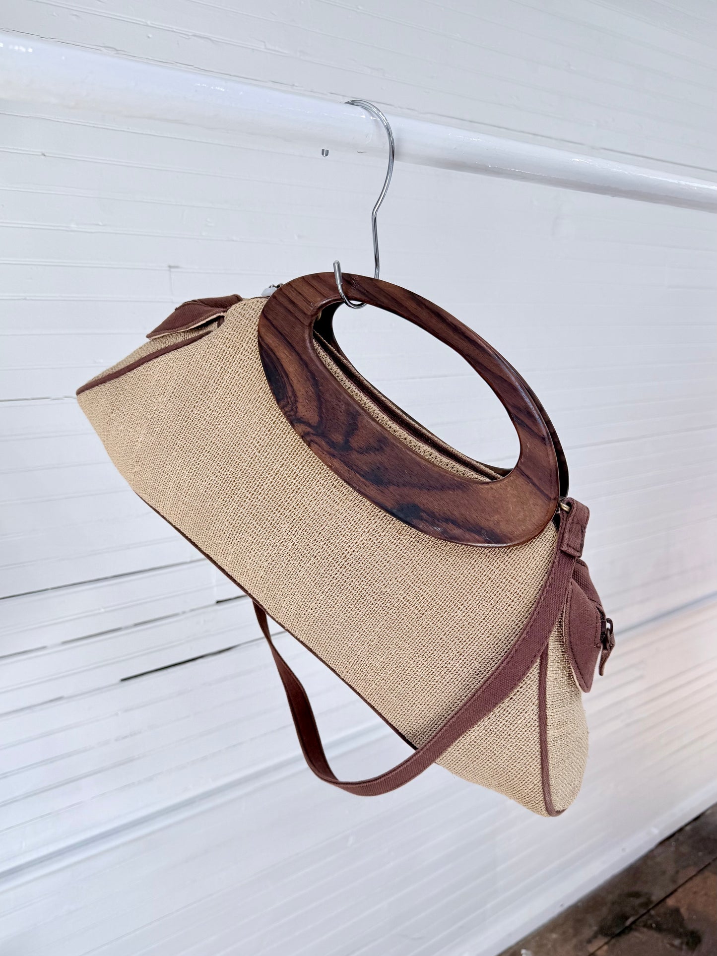 Vintage Hand-loomed Cotton Bag with Shoulder Strap and Wooden Handle