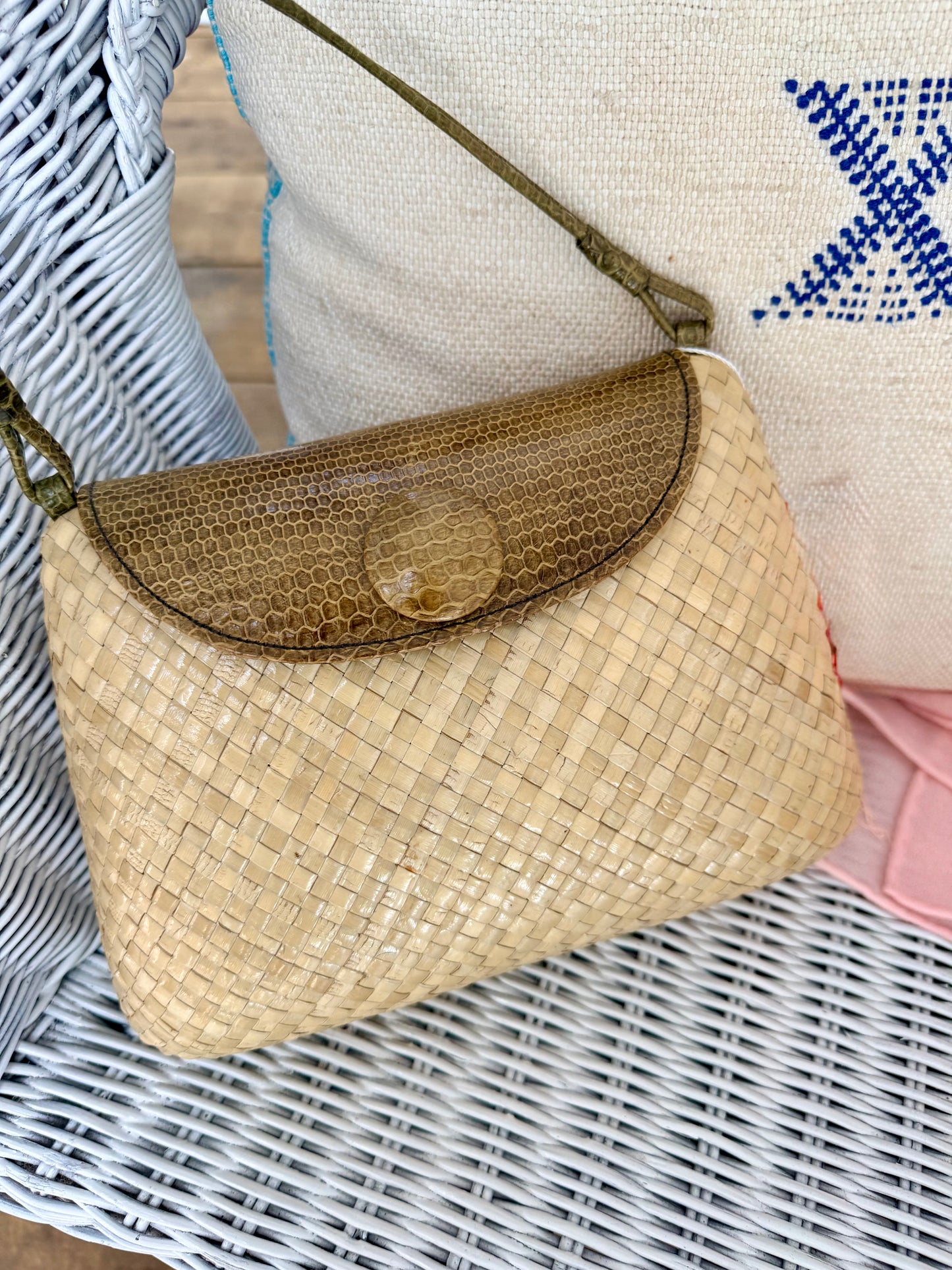 Vintage Woven Shoulder Bag with Lizard Leather