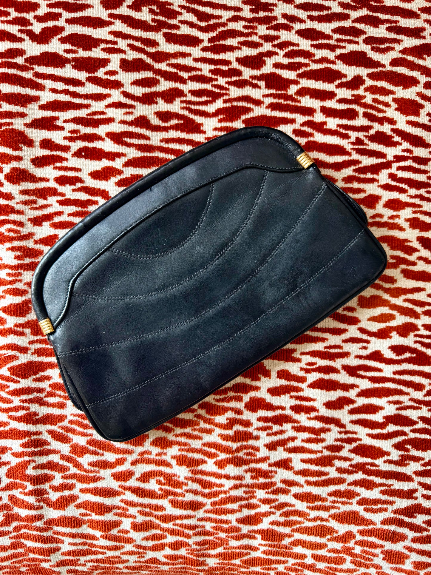 Vintage Black Leather Clutch with Mirror Attachment