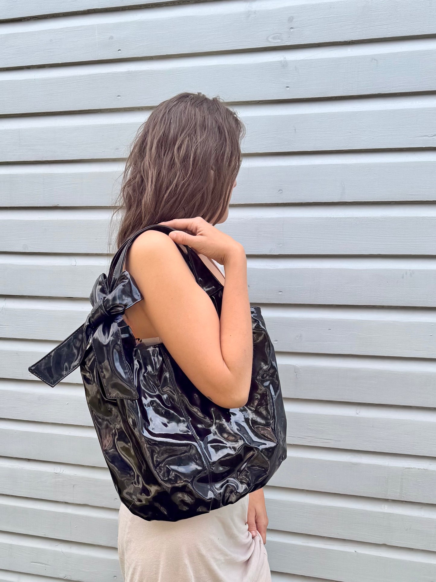 Vintage Black Patent Leather Hobo Bag