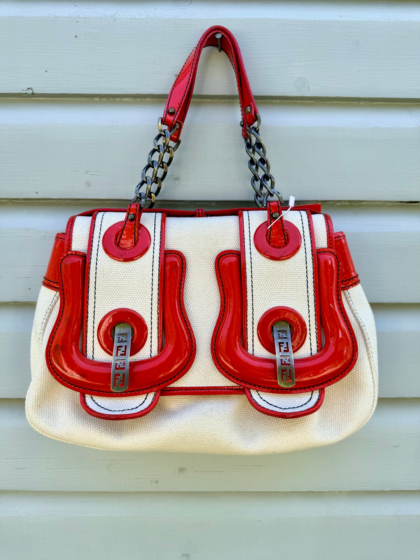 Vintage 2007 Fendi Patent Leather and Canvas Top Handle Bag