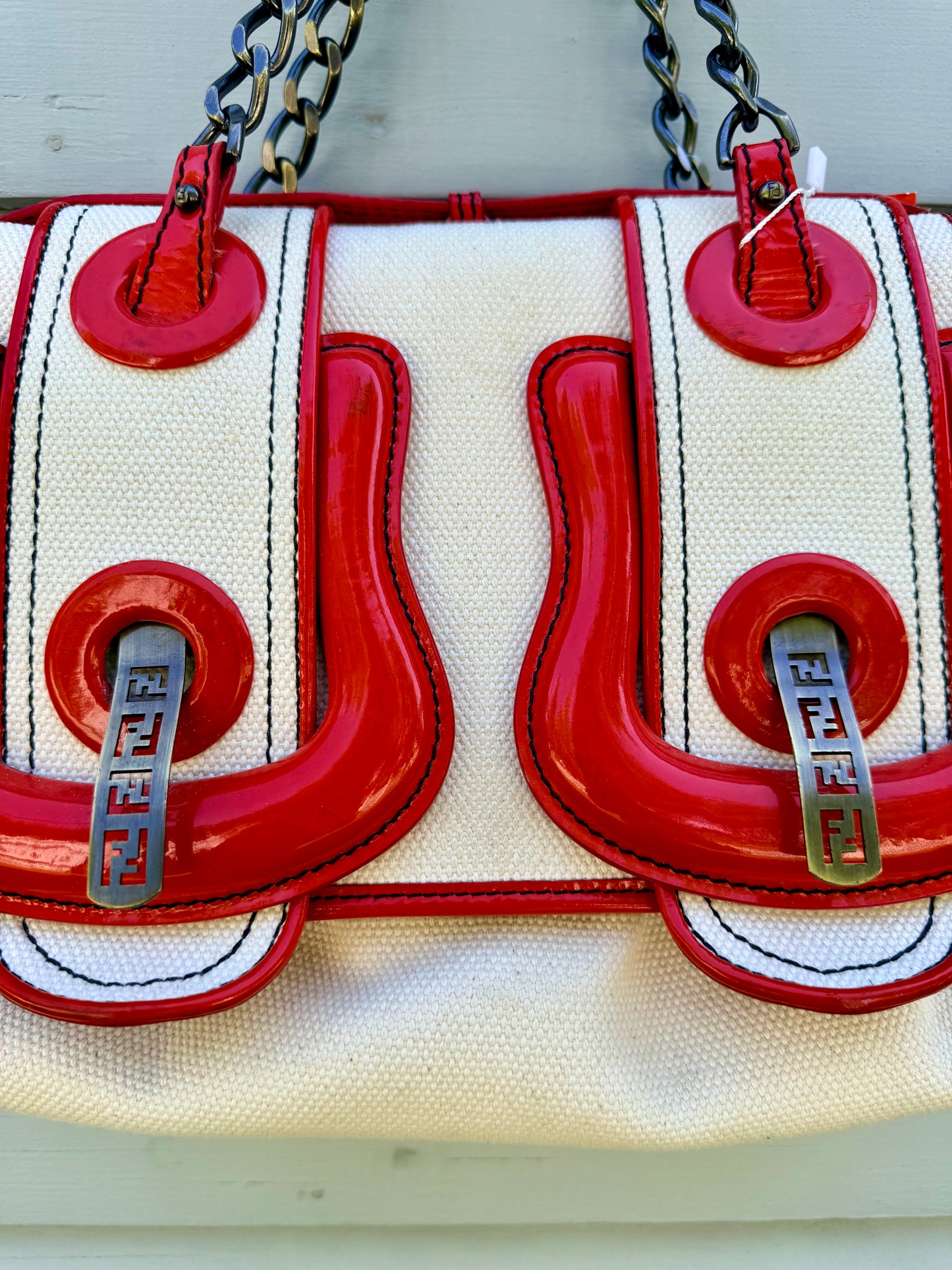 Vintage 2007 Fendi Patent Leather and Canvas Top Handle Bag