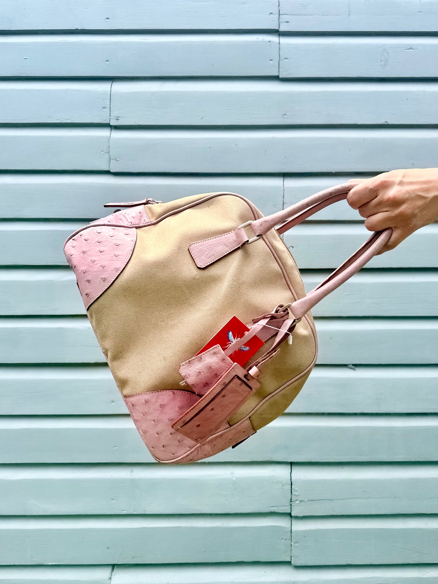 Vintage Prada Beige Canapa Canvas Bowling Bag with Petalo Pink Ostrich Leather Trim