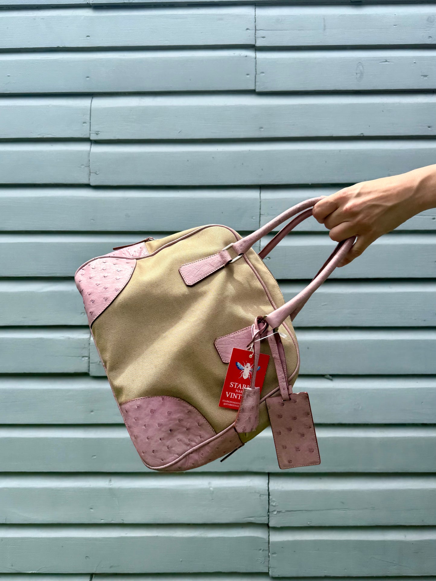 Vintage Prada Beige Canapa Canvas Bowling Bag with Petalo Pink Ostrich Leather Trim