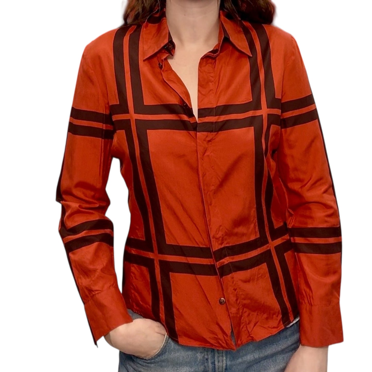 Vintage Gucci Orange and Black Plaid Silk Blouse