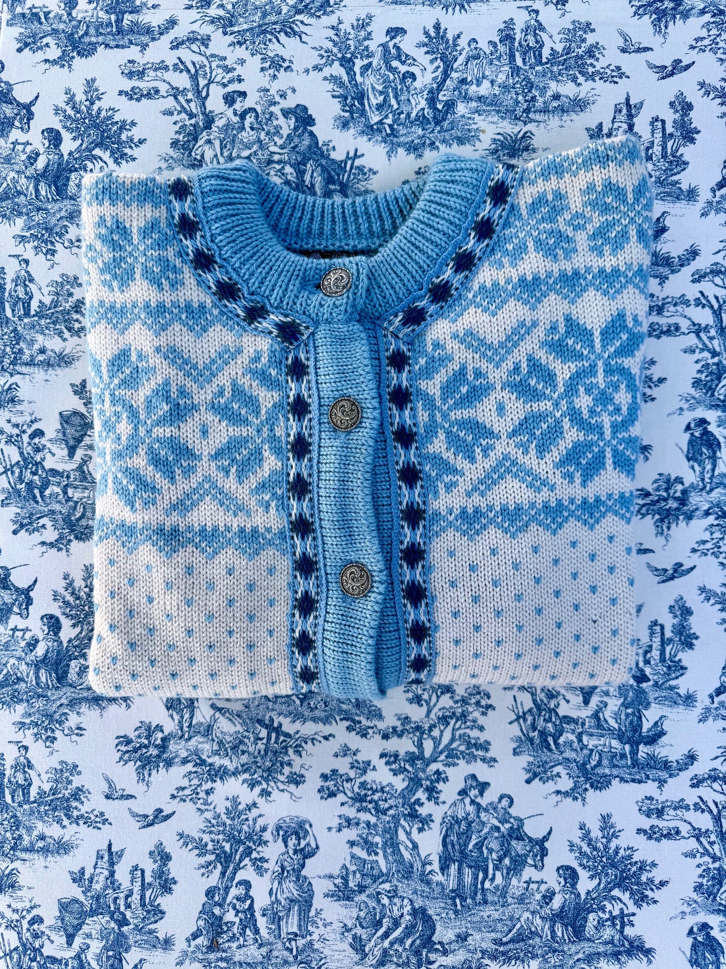 Vintage Dale Of Norway Blue and White Wool Cardigan Sweater