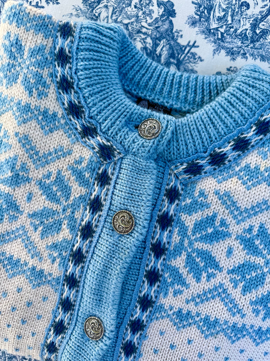 Vintage Dale Of Norway Blue and White Wool Cardigan Sweater