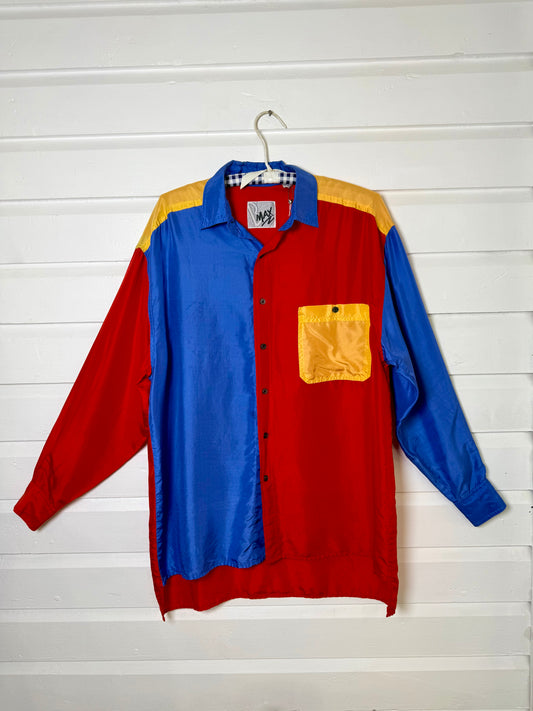 Vintage Silk Color Block Button-Up Top