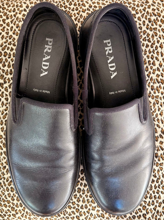 Vintage Prada Black Leather Slip-On Sneakers