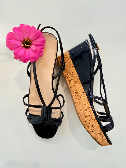 Vintage Prada Patent Leather and Cork Slingback Wedges