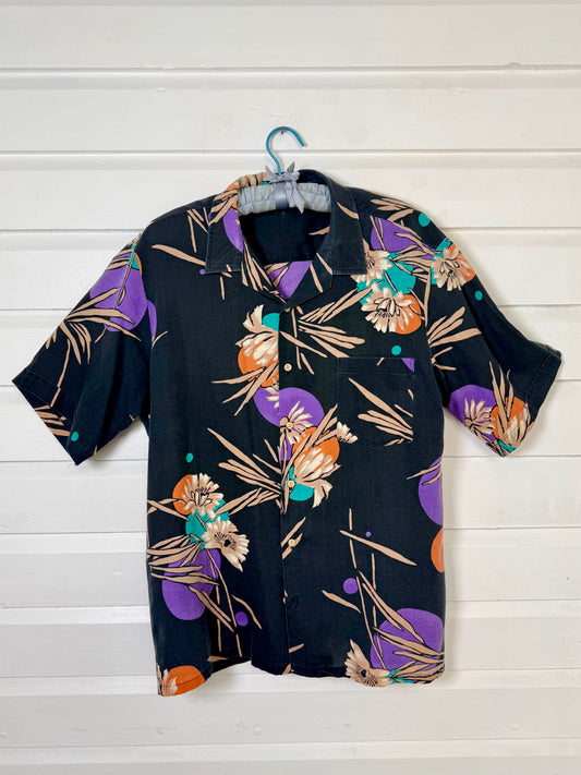 Vintage 1980s Black and Purple Hawaiian Shirt