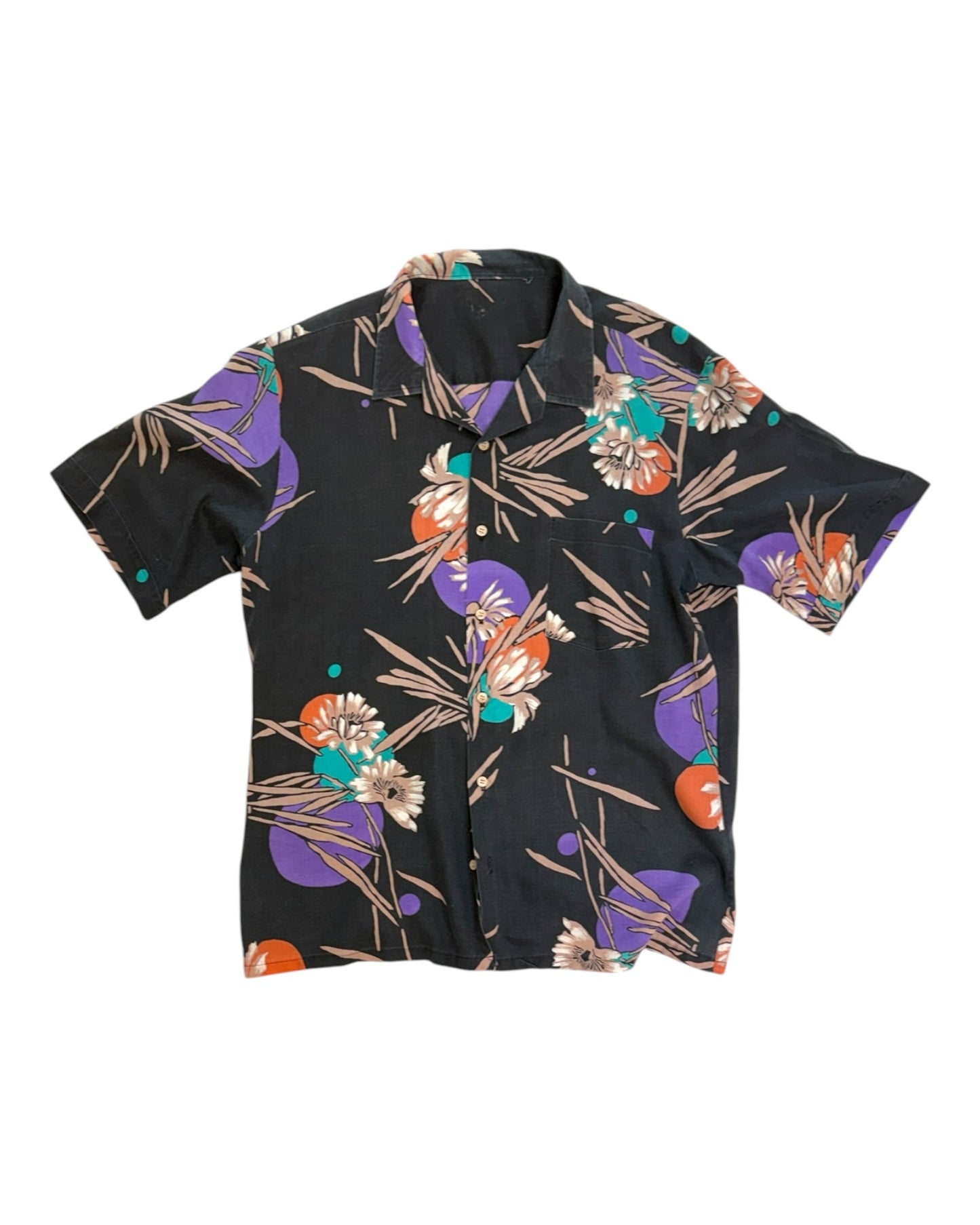 Vintage 1980s Black and Purple Hawaiian Shirt