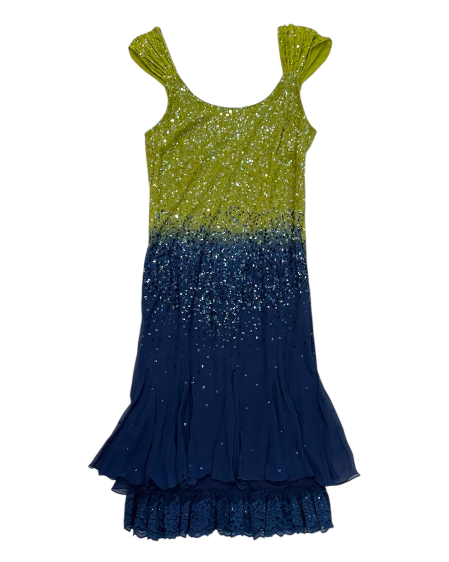 Vintage Beaded Green and Blue Midi Dress