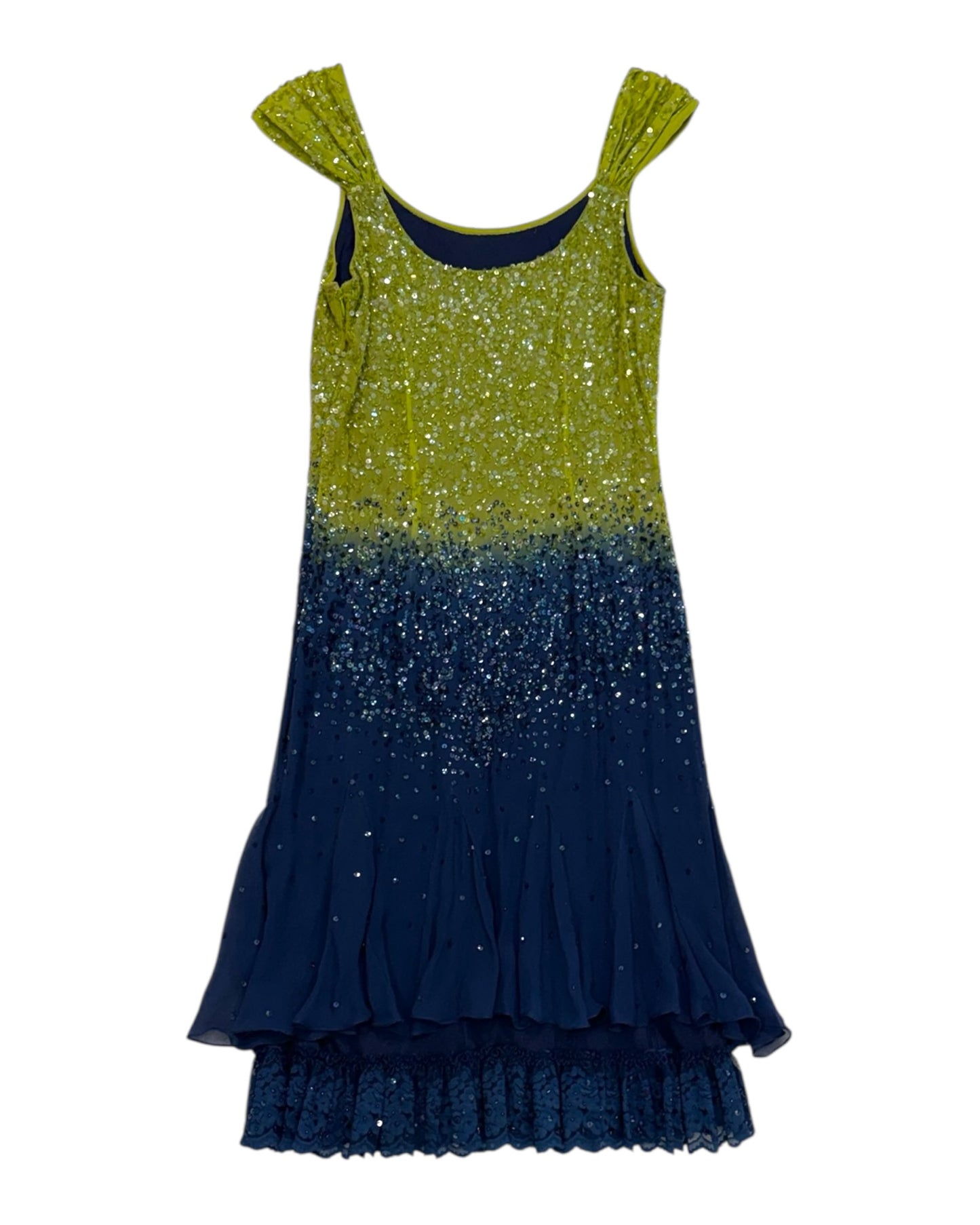 Vintage Beaded Green and Blue Midi Dress