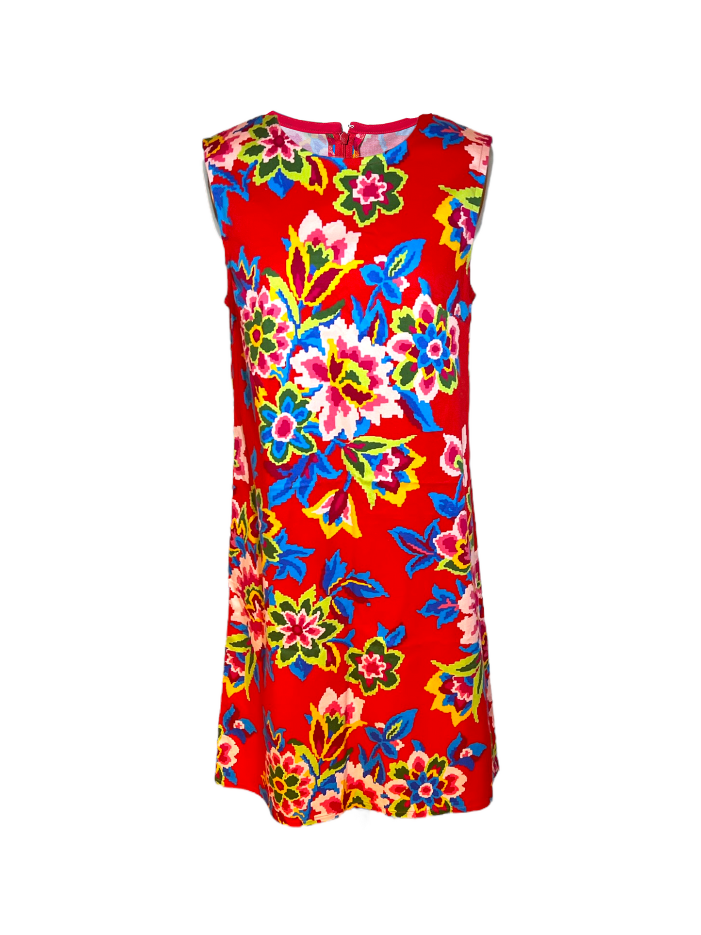 Carolina Herrera Cotton Shift Dress featuring a Pixelated Floral Pattern over a red background. The dress is sleeveless and features a zip closure. Image depicts the front of the dress.