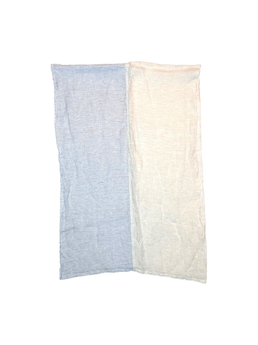 Handmade Two-Tone Striped Linen Wrap from Greece. Colors are Blue and Off-White strips over a white background.