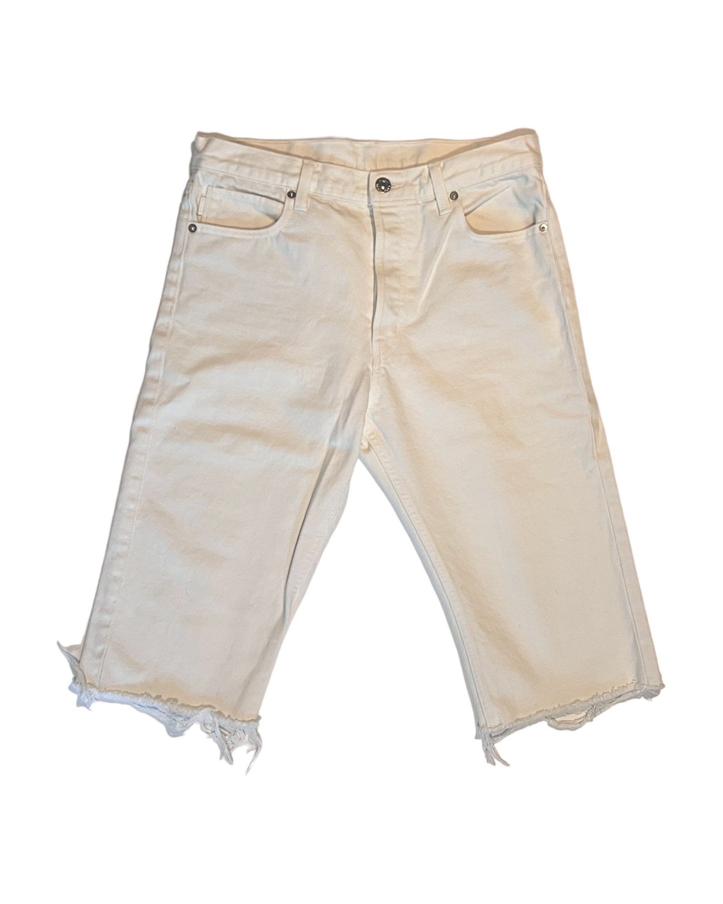 Helmut Lang Knee-Length White shorts. features a slim fit and distressed hem. image depicts the front of the shorts. 