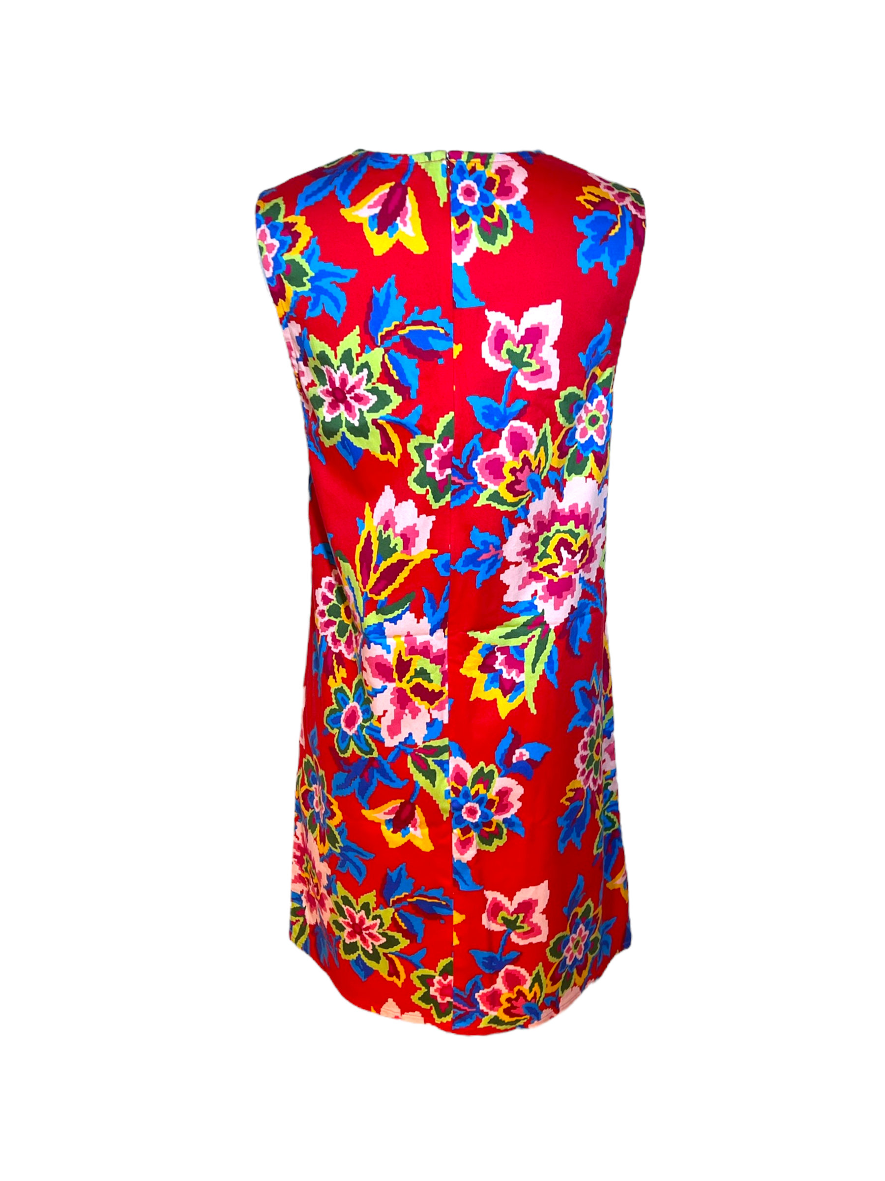 Carolina Herrera Cotton Shift Dress featuring a Pixelated Floral Pattern over a red background. The dress is sleeveless and features a zip closure. Image depicts the back of the dress.