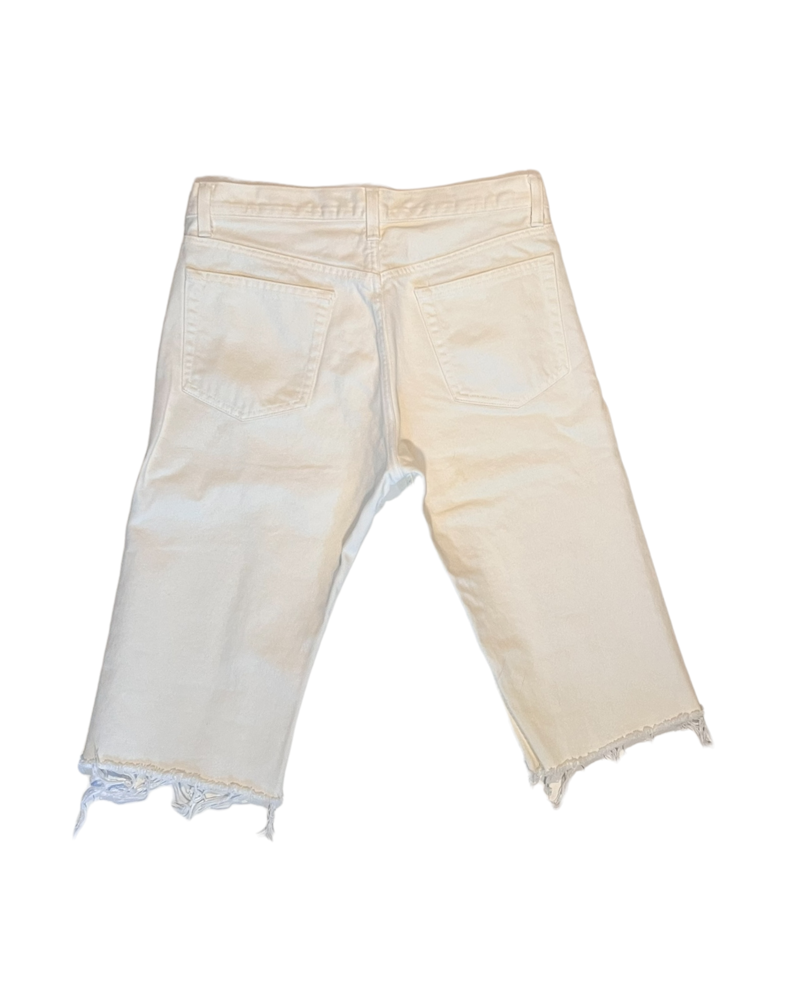 Helmut Lang Knee-Length White shorts. features a slim fit and distressed hem. image depicts the back of the shorts. 