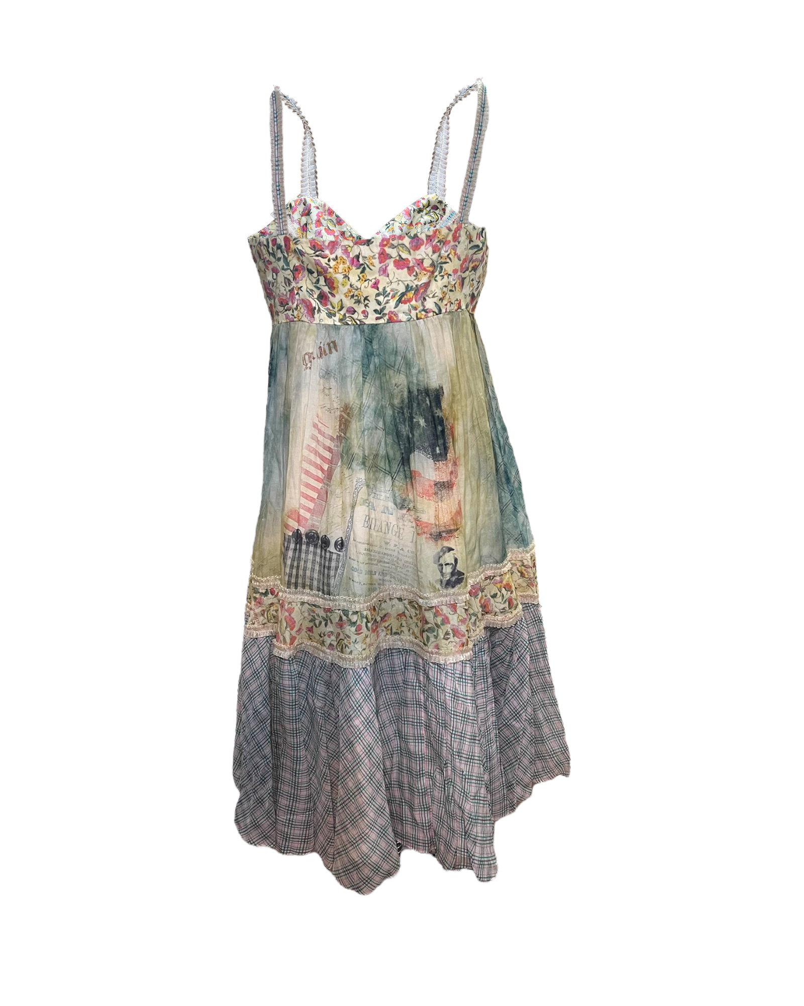 Vintage John Galliano Multicolor Cotton Babydoll Dress. Patterns include florals, tie dye and plaid. 