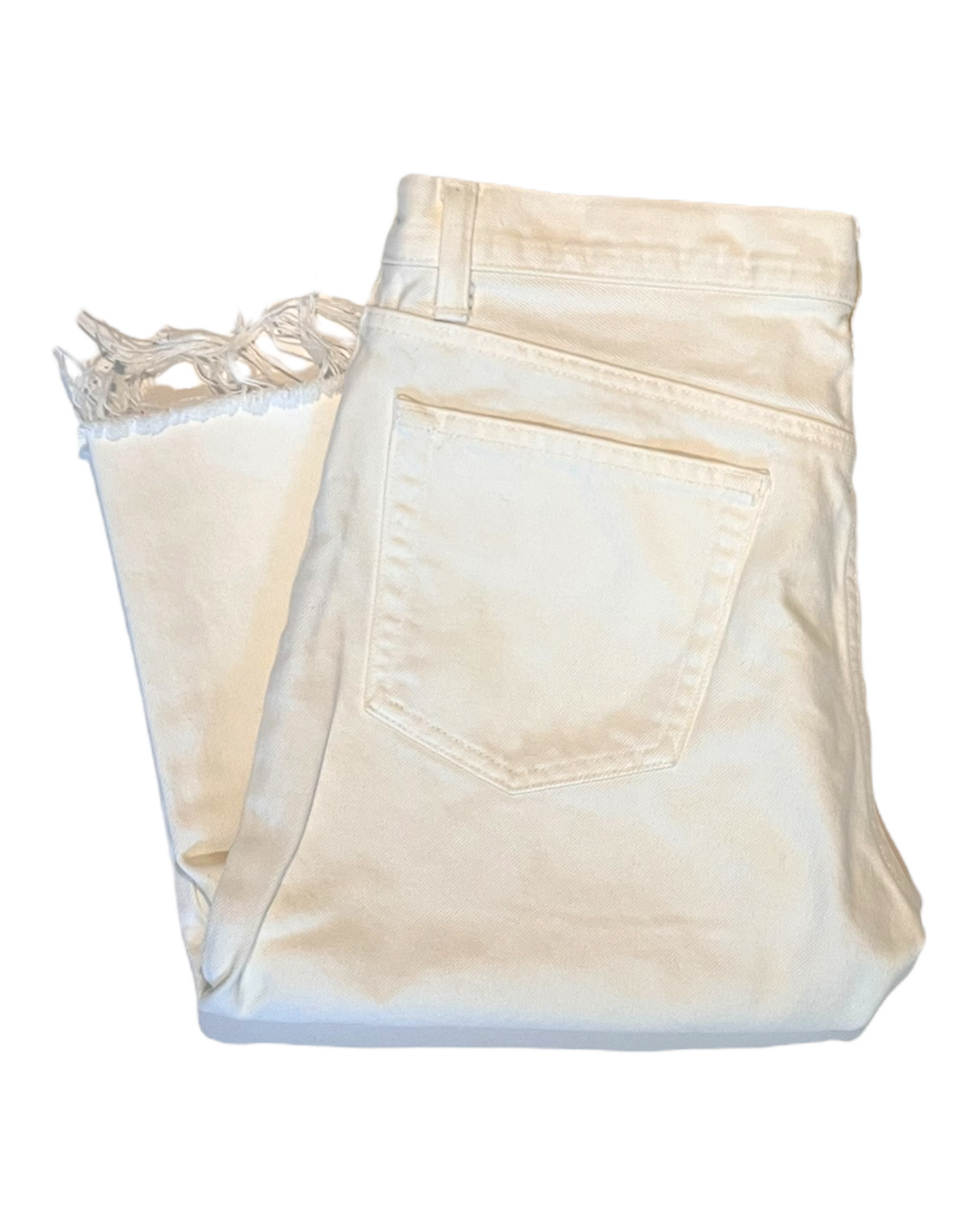 Helmut Lang Knee-Length White shorts. features a slim fit and distressed hem. image depicts the shorts folded. 