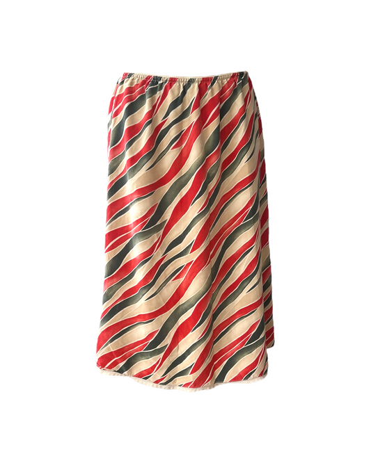 Vintage Red, Green and Tan Silk Slip Skirt. Skirt has an elastic waist and is knee-length. 