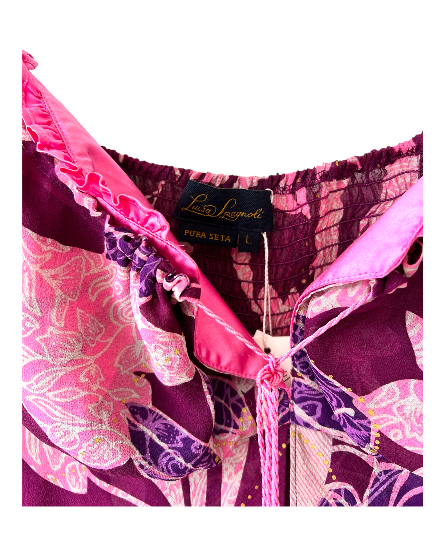 Vintage Luisa Spagnoli Spaghetti Strap Pink Floral Blouse with a tassel tie closure in the front. image depicts the brand, size and fabric tags. the item is a size large and made from 100% pure silk.